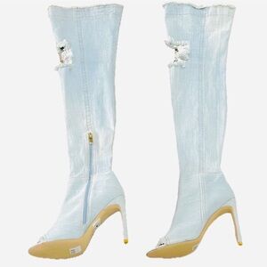 👢💙 SECRET Blue Stretch Denim Thigh-High Boots | Size 8 Peep Toe Stiletto Heel